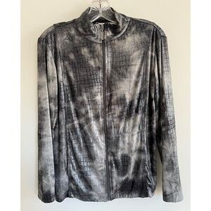 Chicos Travelers Metallic Gray Black Jacket Full Zip Mock Neck Shirt Top, Size S
